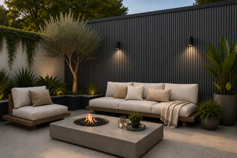 Outdoor-Lounge vor einer WPC Wandverkleidung in Anthrazit mit Wandleuchten am Abend