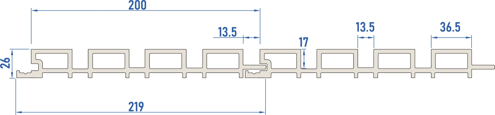 Original-Profilzeichnung WPC Wandpaneel mit Nut und Feder: 219 mm Gesamtbreite, 200 mm Nutzbreite, 26 mm Stärke